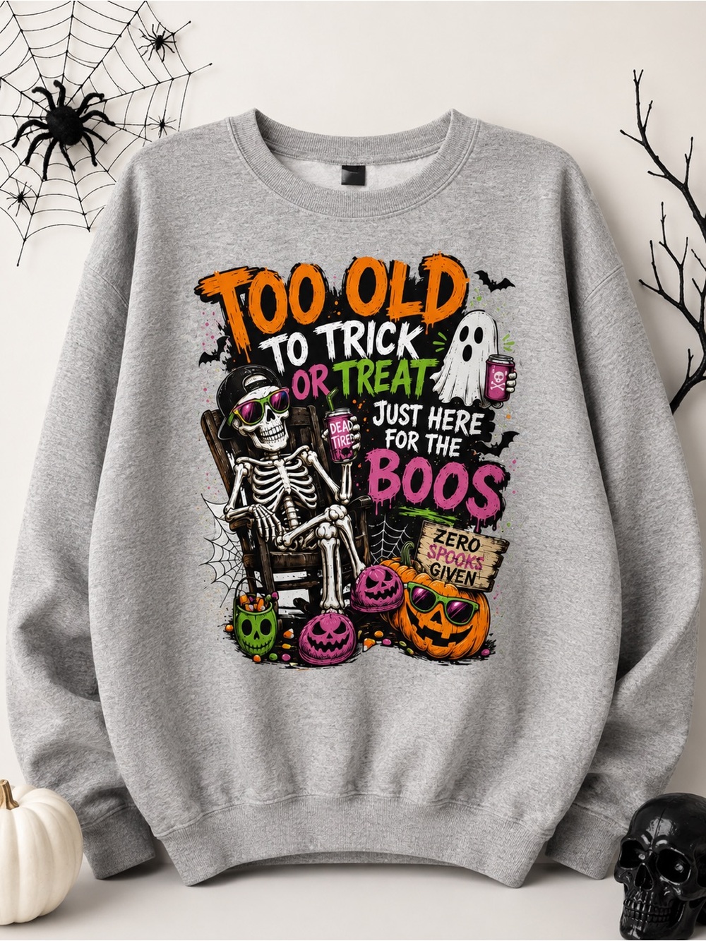 Too Old To Trick Sweatshirt - Gray UniSex Halloween Graphic Sweater SZ-XL